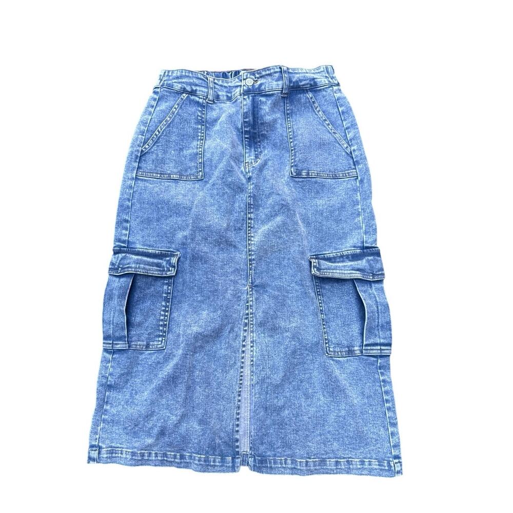 Denim Cargo Utility Skirt Blue Midi Acid Wash front Slit Pockets Womenโs Large